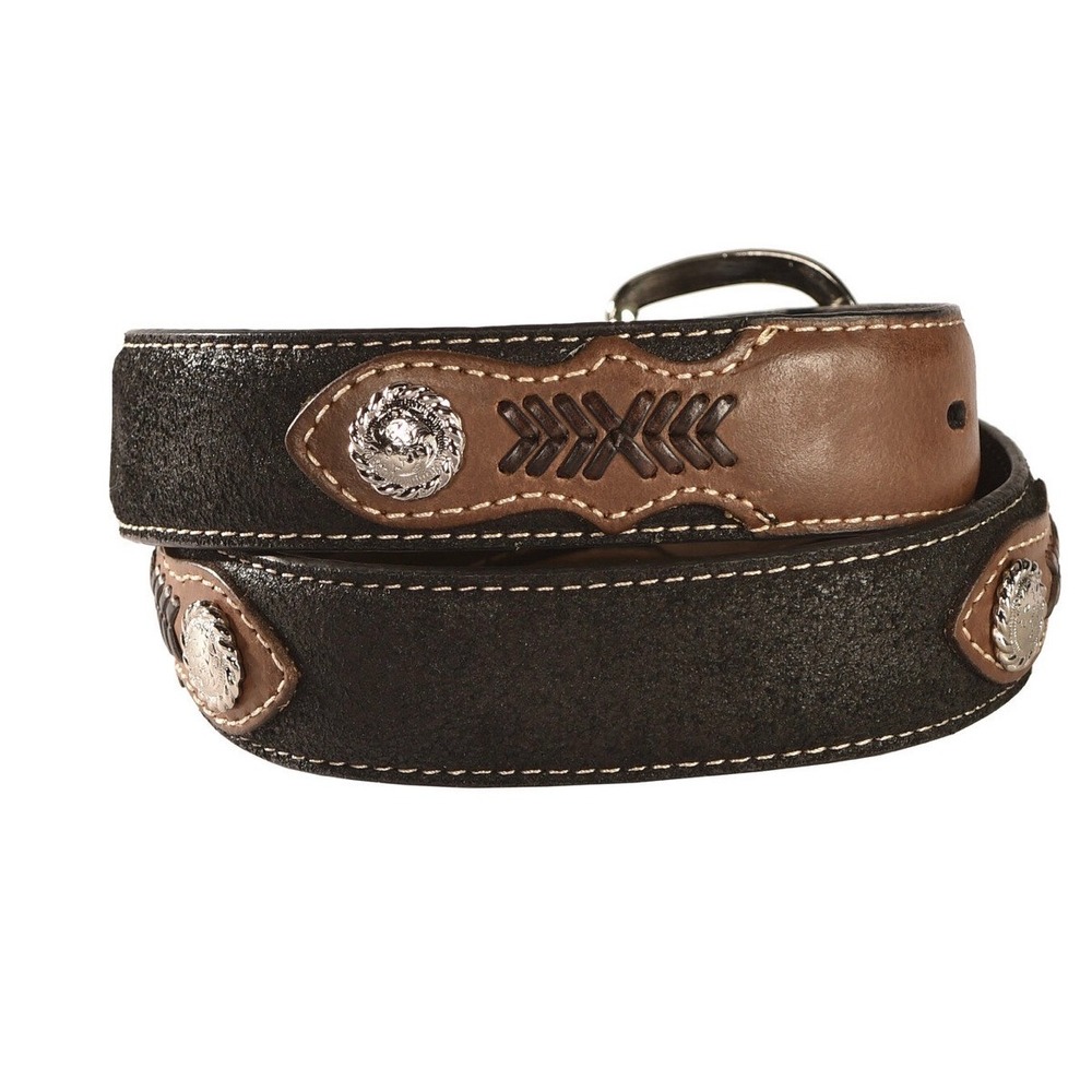 Nocona men's two-tone leather western belt southwest fabric inlay silver conchos